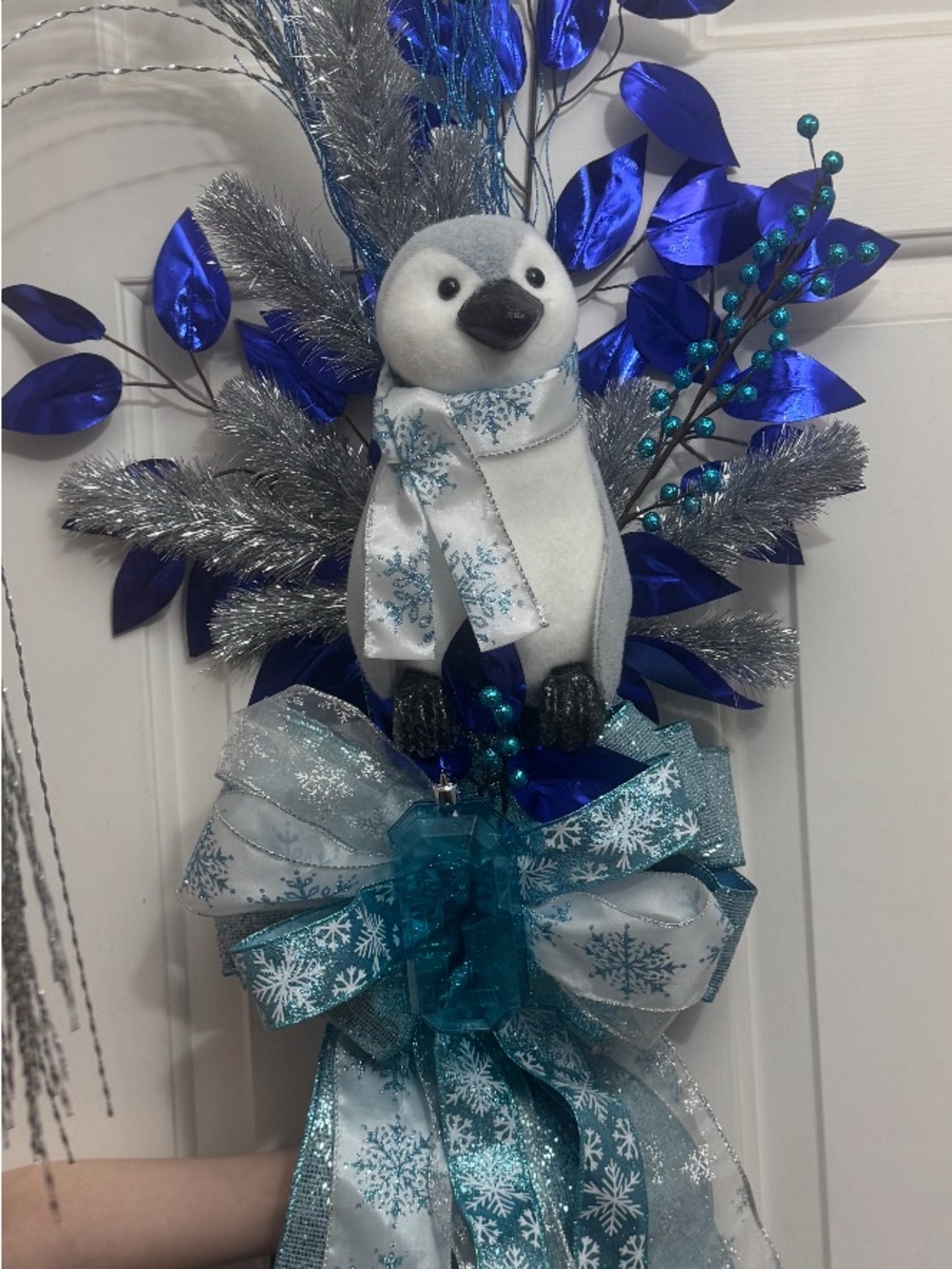 Blue & Silver Penguin Holiday TREE TOPPER OR SWAG with Snowflake Bow and lights